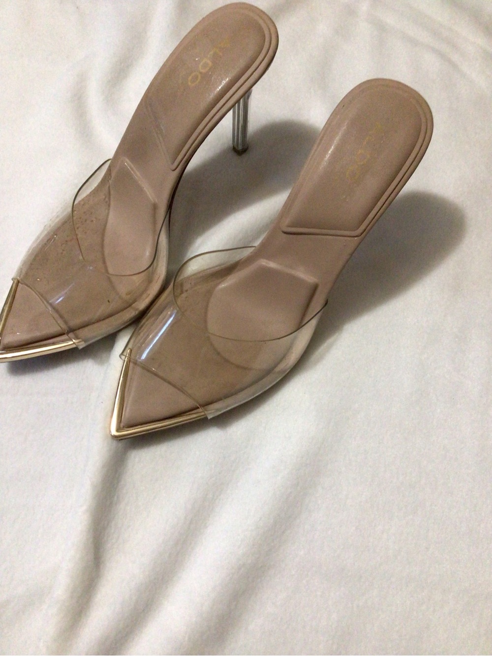 Aldo Nude Clear Pointed Mules with Gold Accent